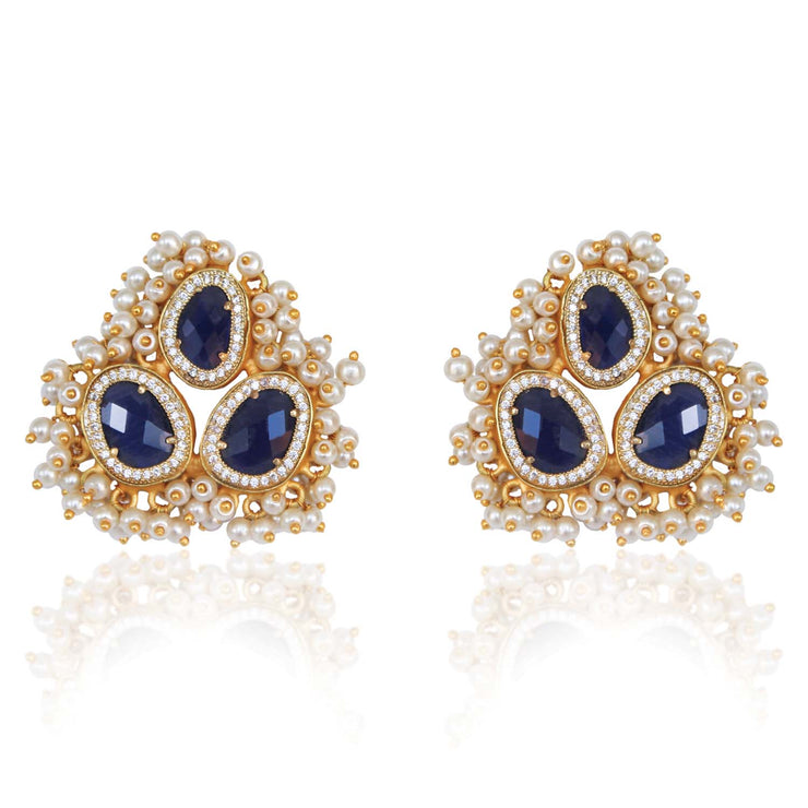 Raissa Navy Blue Statement Stone & Pearls Earrings