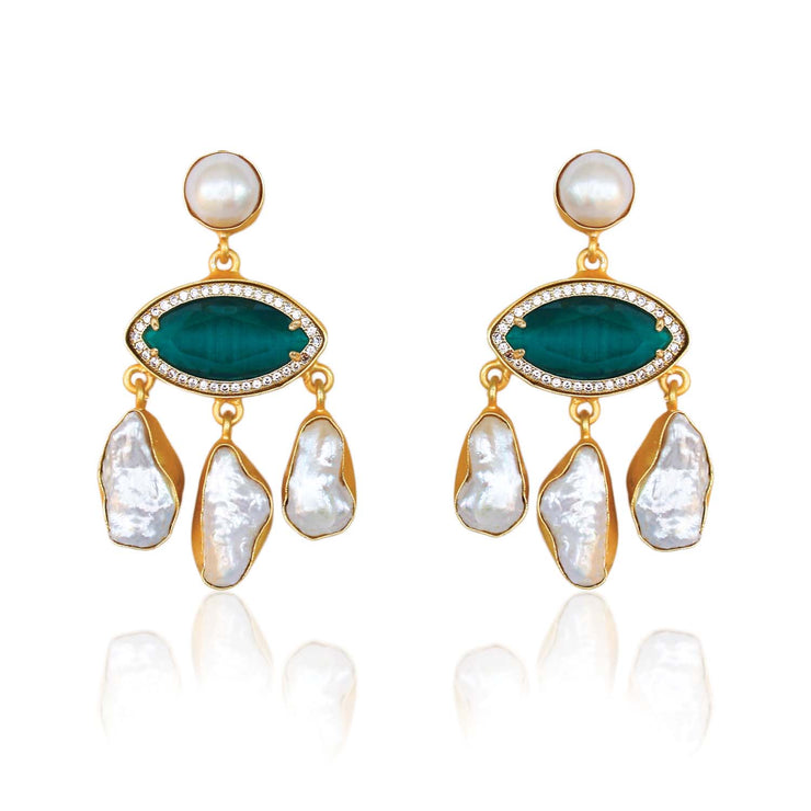 Silvana Green Semi Precious Stone with Fresh Water Pearl Earrings