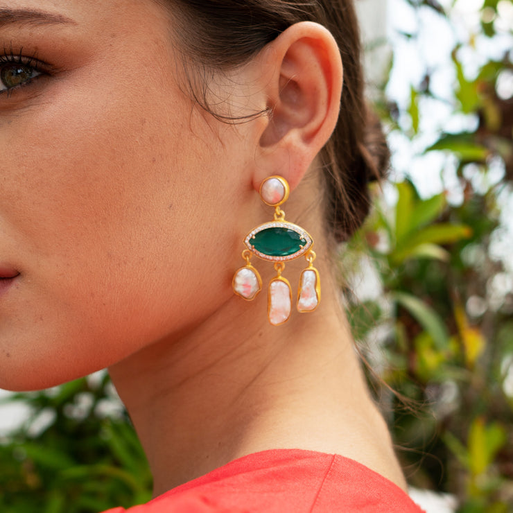 Silvana Green Semi Precious Stone with Fresh Water Pearl Earrings