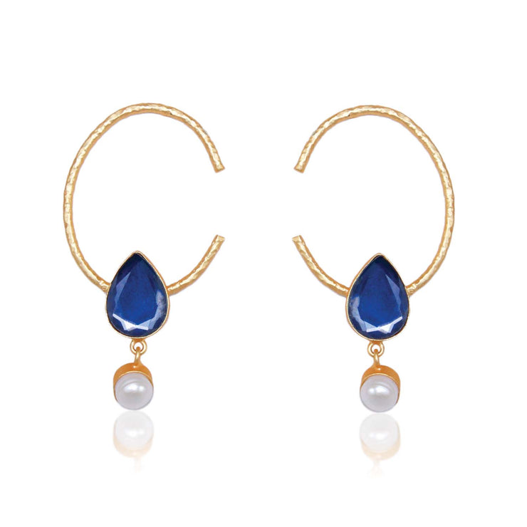 Catharina Blue Semi-Precious Stone with Freshwater hanging Pearl Earrings