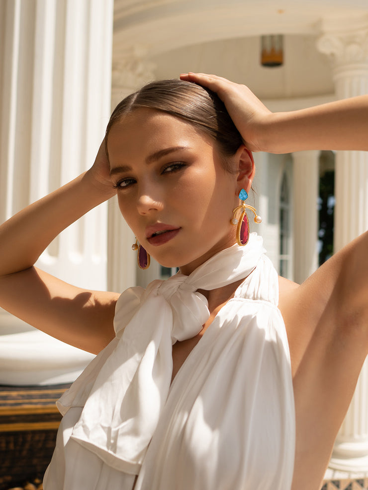 Joaquina Turquoise and Maroon Precious Stone & Fresh Water Pearl Earrings
