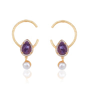 Martina Purple Semi-Precious Stone With Crystals and Hanging Pearl Earrings